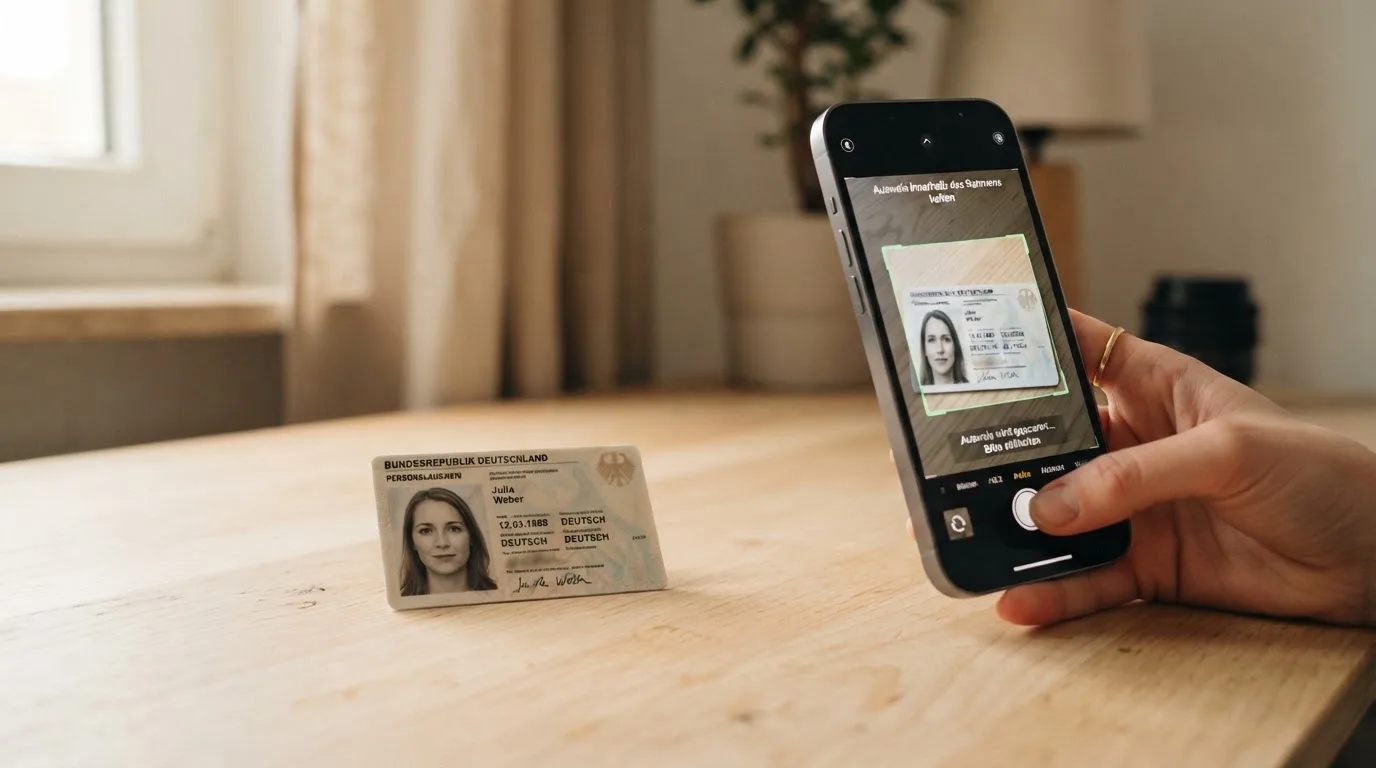 Nahaufnahme eines Ausweisdokuments neben einem Smartphone während eines Verifizierungsvorgangs.