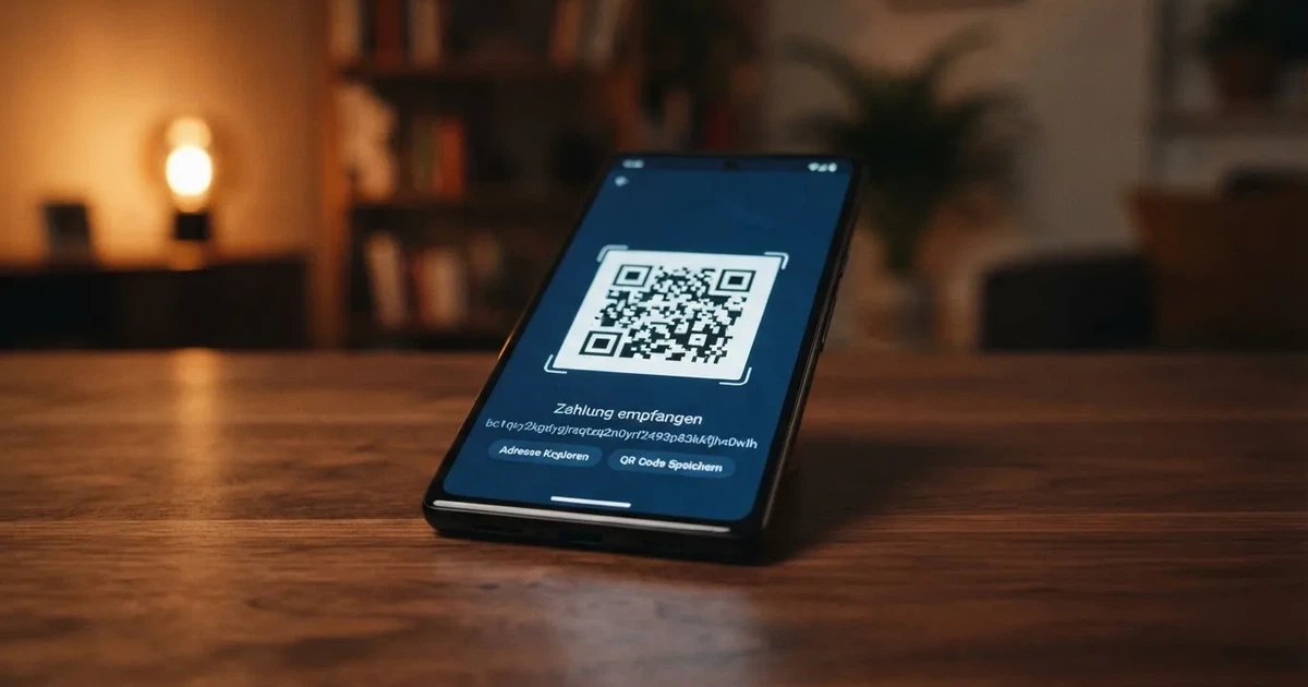 Nahaufnahme eines Smartphone-Bildschirms mit einer digitalen Wallet-Adresse und einem QR-Code.