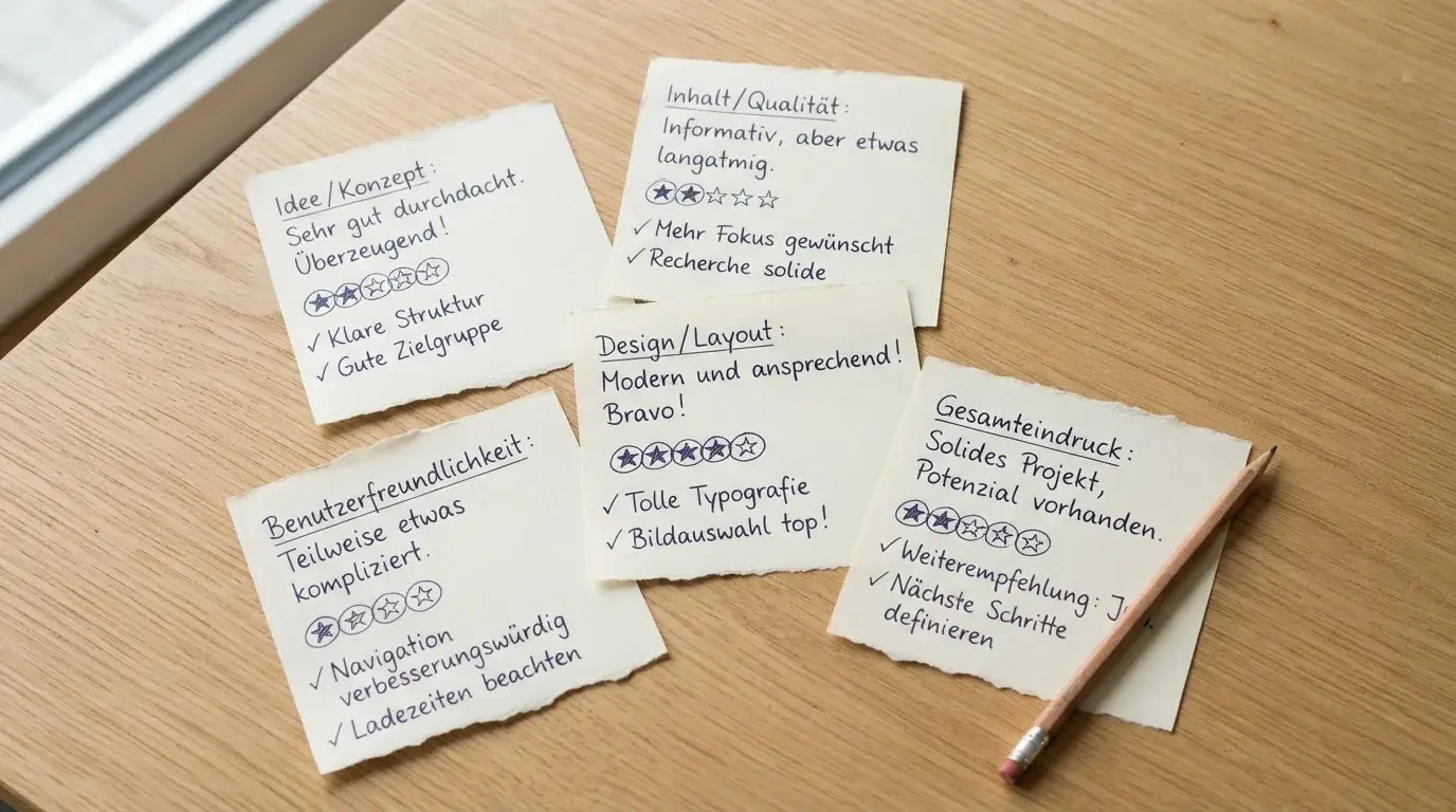 Draufsicht auf mehrere aufgeklappte Notizzettel mit handschriftlichen Bewertungspunkten nebeneinander auf einem Tisch.